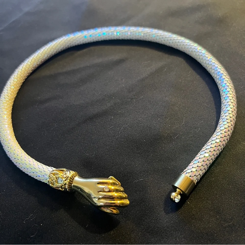 Vintage DL Auld Iridescent White Dragonscale Choker Mesh Snake Collar Necklace - Picture 7 of 11